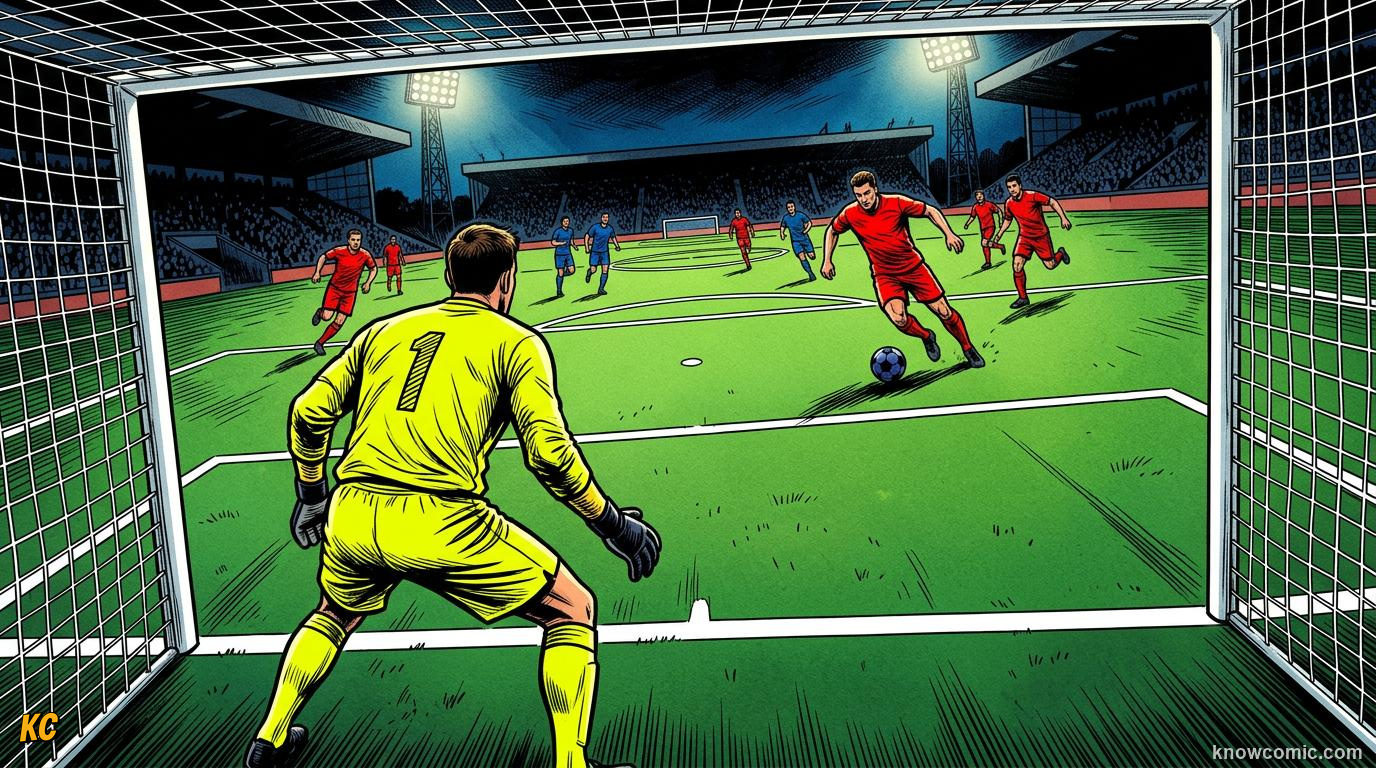 Comic panel titled the big box near the goal, labelled penalty area, from the KnowComic World Cup 2026 lesson on the pitch