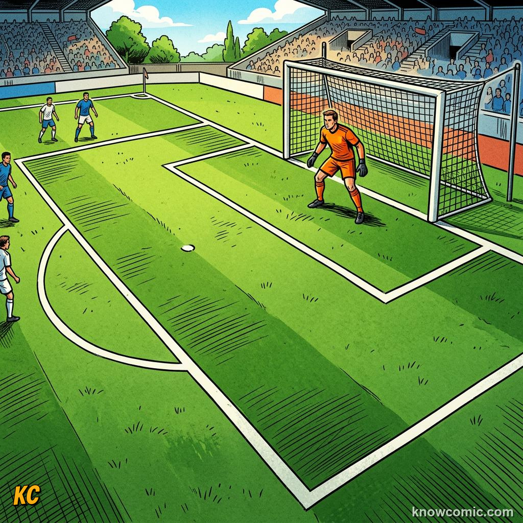 Comic panel titled every marking tells a story, labelled goal area, from the KnowComic World Cup 2026 lesson on the pitch