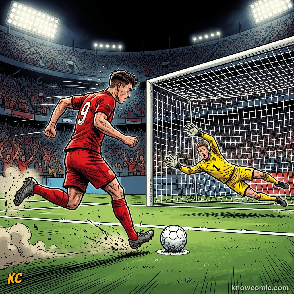 Comic panel titled every marking tells a story, labelled penalty spot, from the KnowComic World Cup 2026 lesson on the pitch