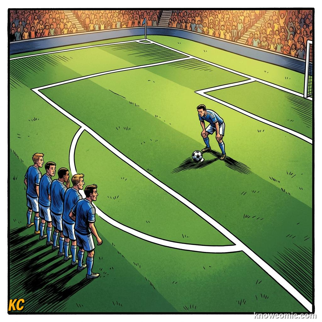 Comic panel titled every marking tells a story, labelled penalty arc, from the KnowComic World Cup 2026 lesson on the pitch