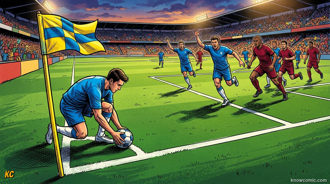 Comic panel titled every marking tells a story, labelled read the pitch, from the KnowComic World Cup 2026 lesson on the pitch