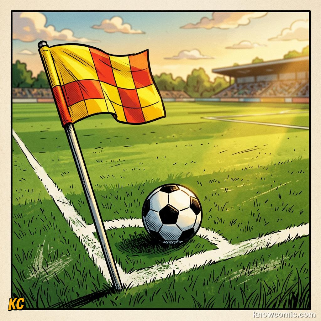 Comic panel labelled corner arc, illustrating the pitch in KnowComic's World Cup 2026 series