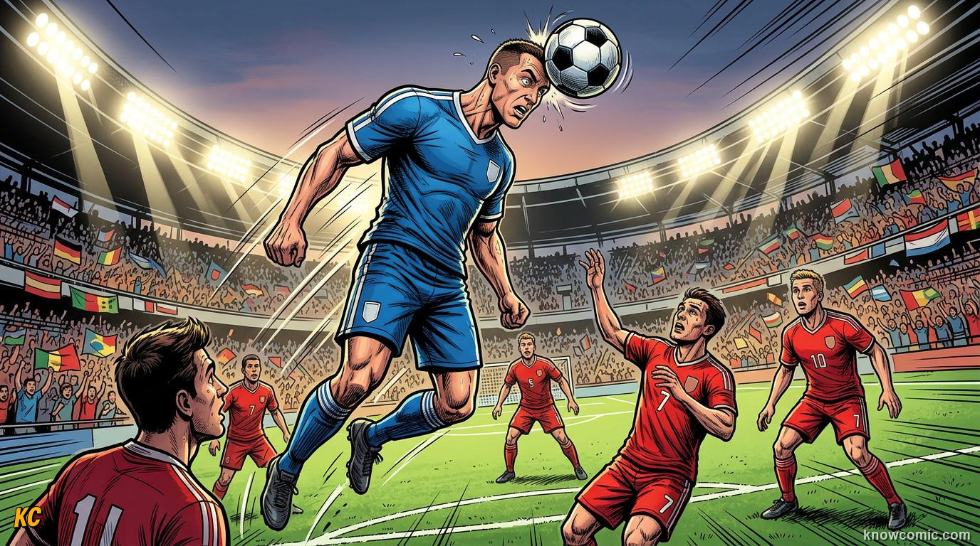Comic panel titled what is heading, labelled use your head, from the KnowComic World Cup 2026 lesson on heading the ball