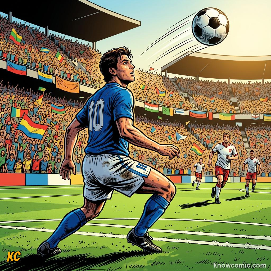 Comic panel titled how to head properly, labelled watch it, from the KnowComic World Cup 2026 lesson on heading the ball
