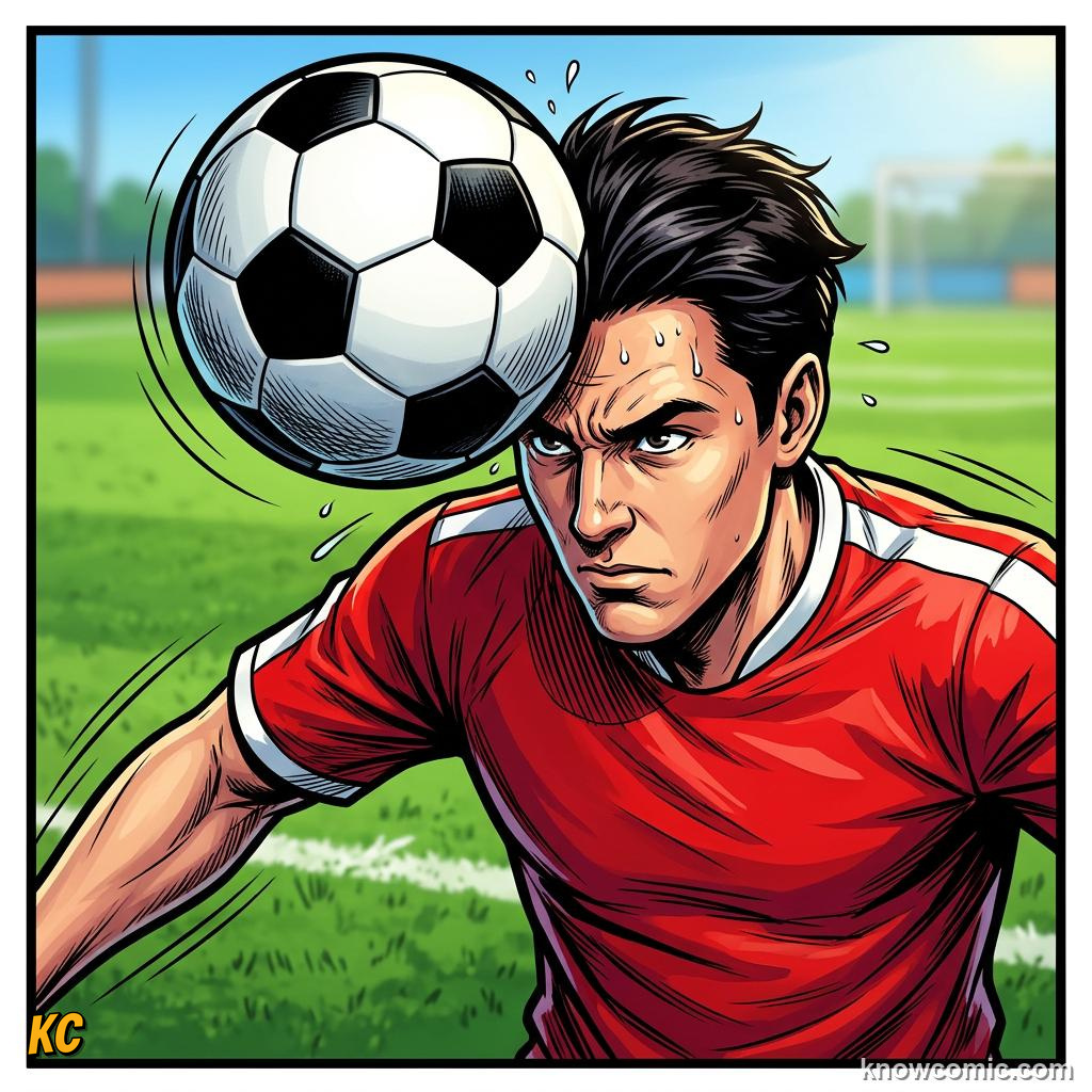 Comic panel titled how to head properly, labelled contact point, from the KnowComic World Cup 2026 lesson on heading the ball