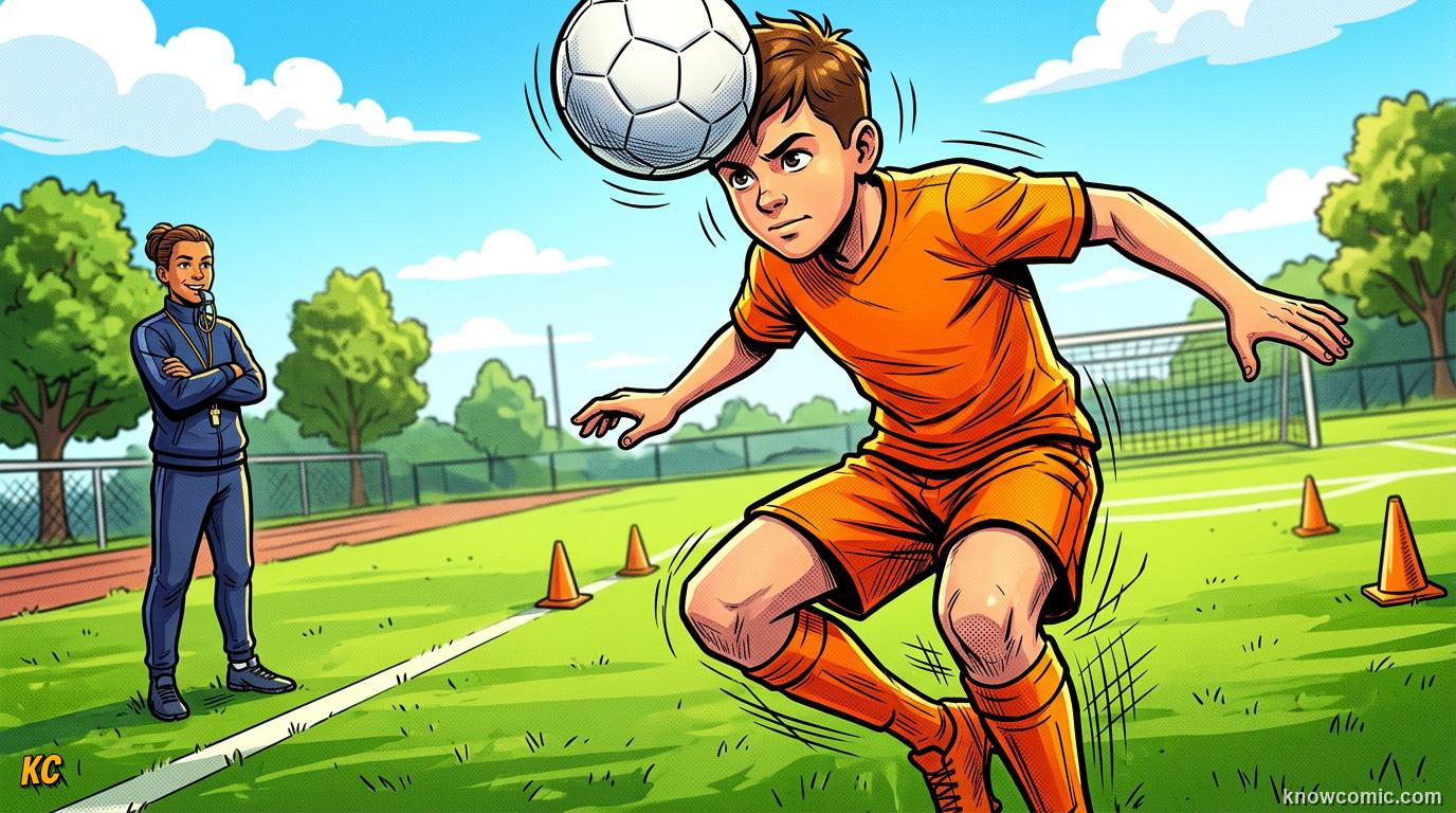 Comic panel titled how to head properly, labelled jump and strike, from the KnowComic World Cup 2026 lesson on heading the ball