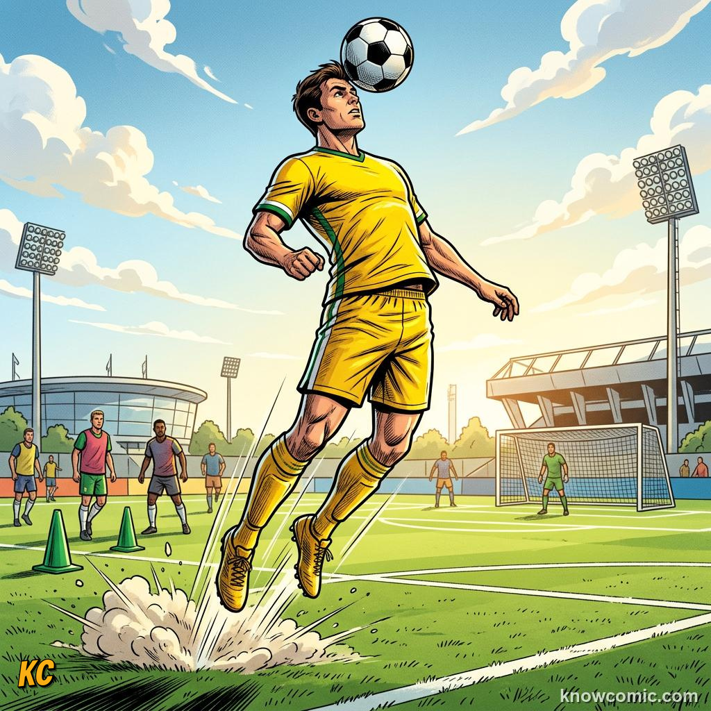Comic panel titled score or clear, labelled bend and spring, from the KnowComic World Cup 2026 lesson on heading the ball