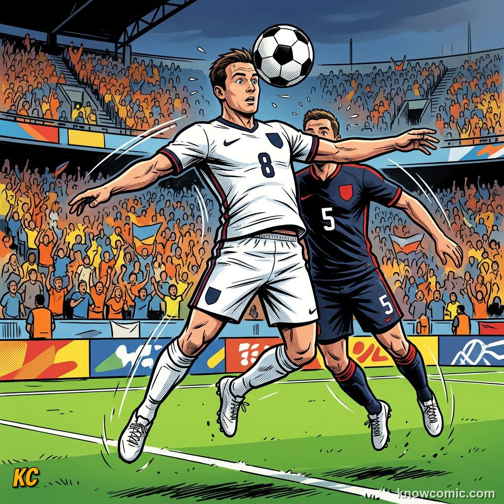 Comic panel titled score or clear, labelled arms out, from the KnowComic World Cup 2026 lesson on heading the ball