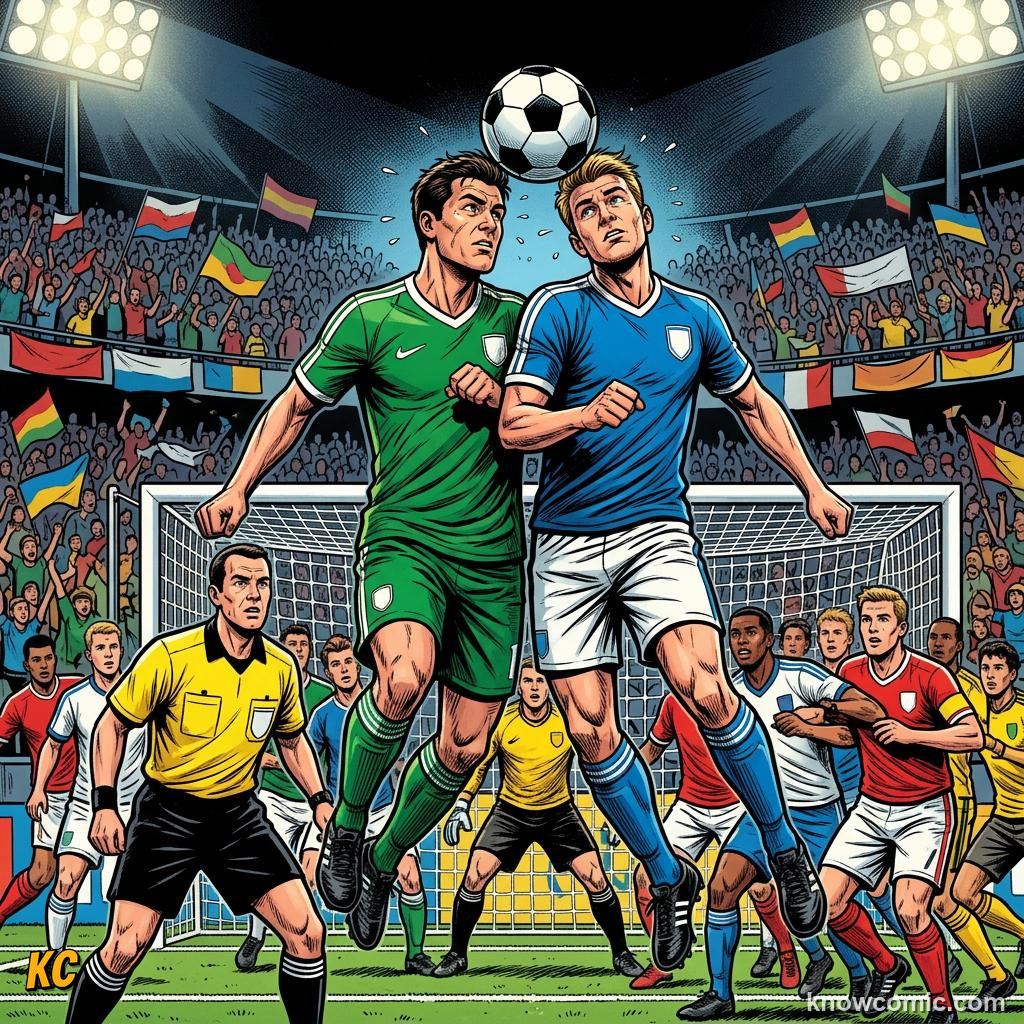 Comic panel titled score or clear, labelled fair challenge, from the KnowComic World Cup 2026 lesson on heading the ball