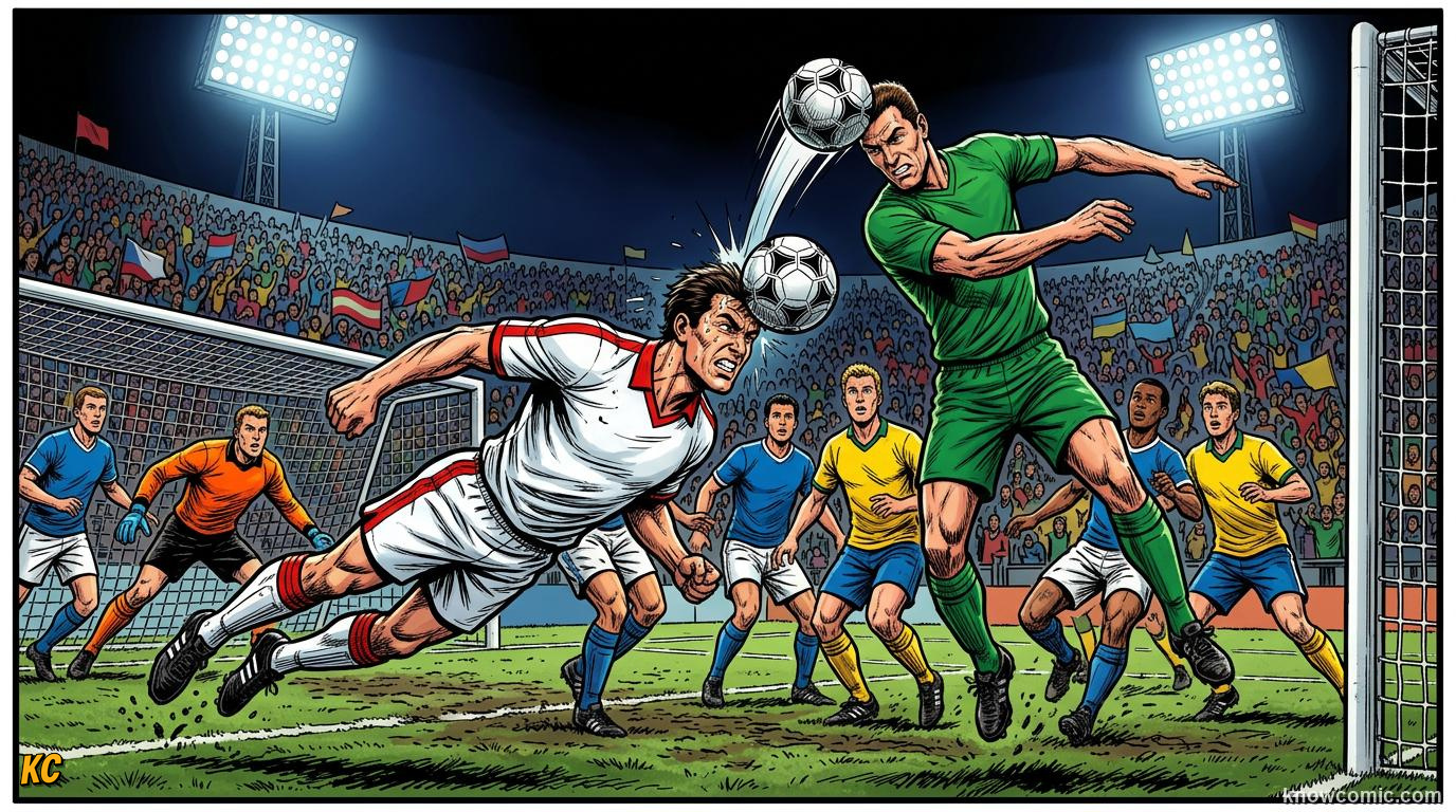 Comic panel titled score or clear, labelled two ways to win, from the KnowComic World Cup 2026 lesson on heading the ball