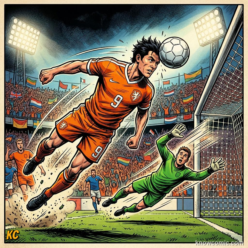 Comic panel titled score or clear, labelled attacking header, from the KnowComic World Cup 2026 lesson on heading the ball