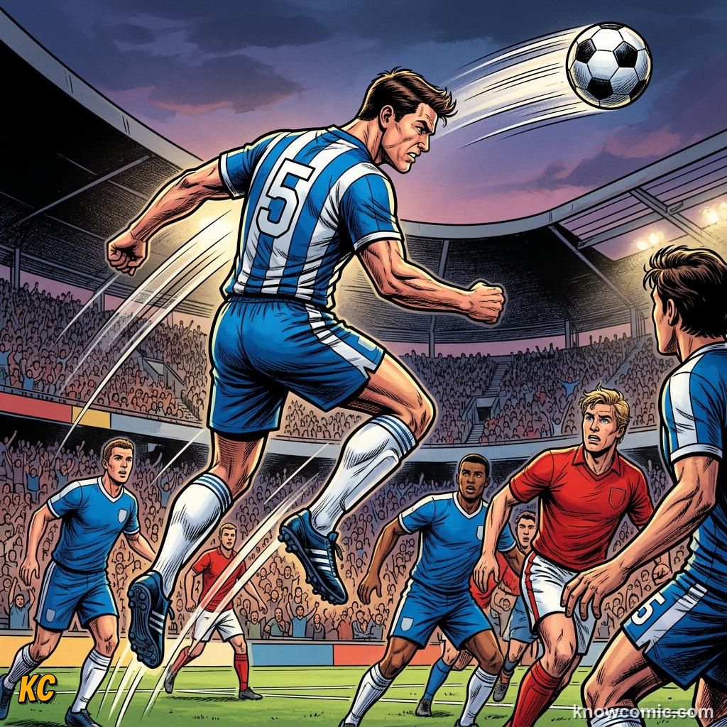 Comic panel titled score or clear, labelled defensive header, from the KnowComic World Cup 2026 lesson on heading the ball