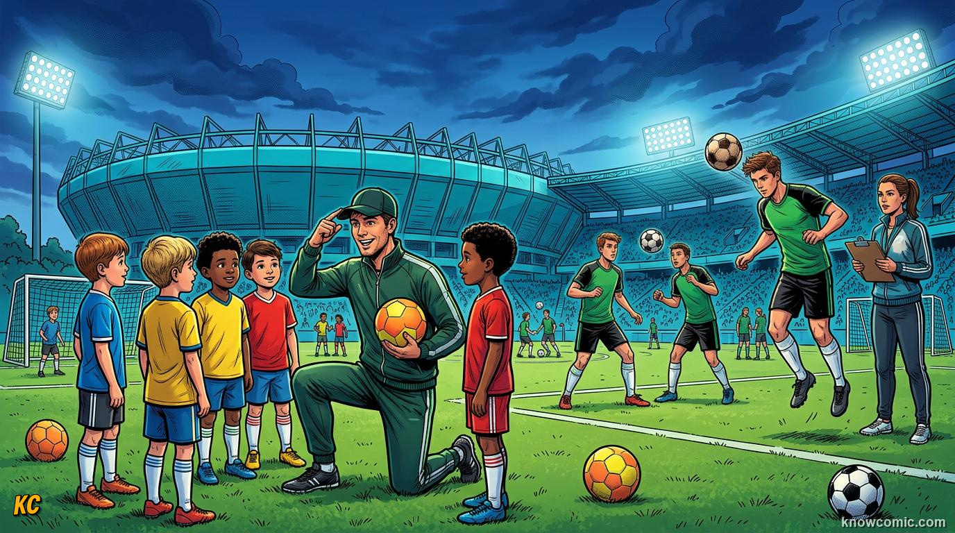 Comic panel titled special rules for young players, labelled protect your brain, from the KnowComic World Cup 2026 lesson on heading the ball