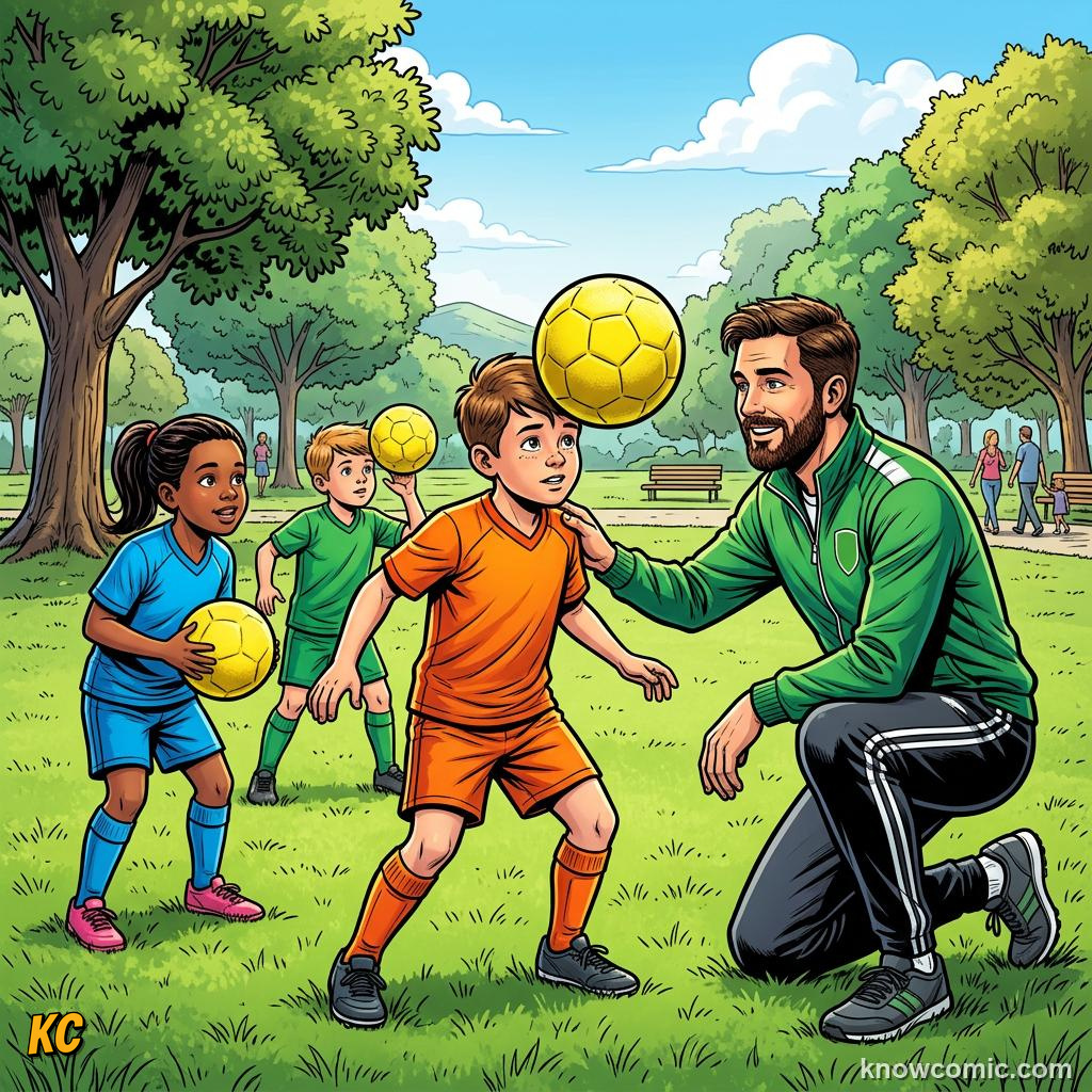 Comic panel titled how to build heading skill, labelled soft balls, from the KnowComic World Cup 2026 lesson on heading the ball