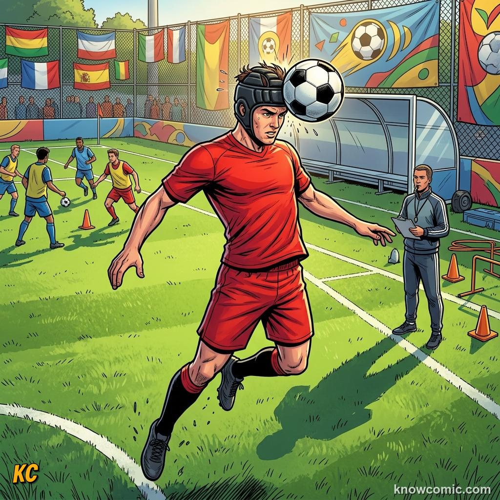 Comic panel titled how to build heading skill, labelled age rules, from the KnowComic World Cup 2026 lesson on heading the ball