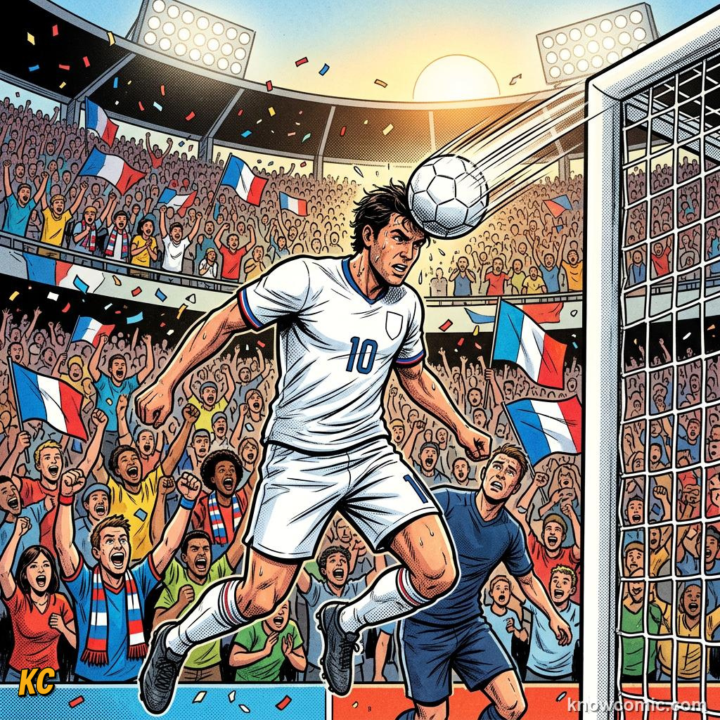 Comic panel titled how to build heading skill, labelled match winner, from the KnowComic World Cup 2026 lesson on heading the ball