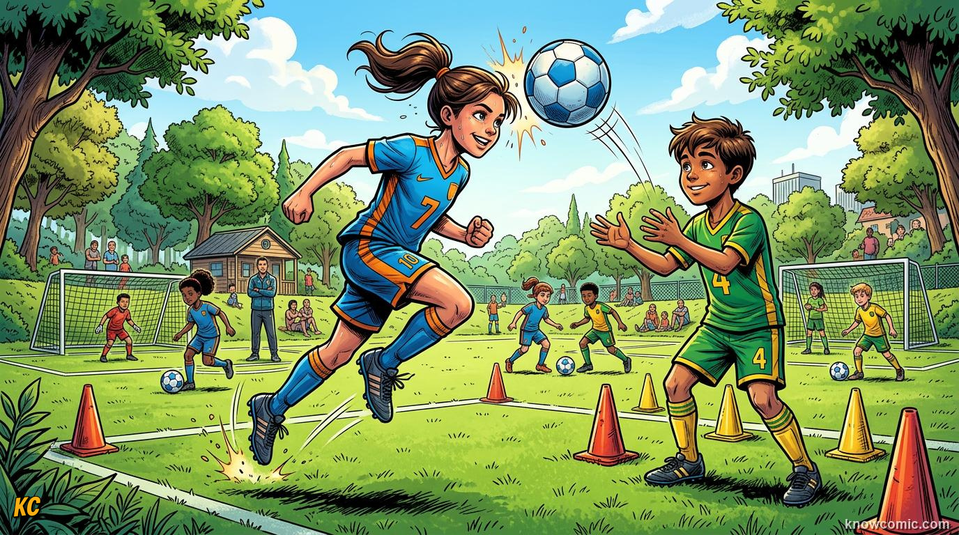 Comic panel titled how to build heading skill, labelled train the air, from the KnowComic World Cup 2026 lesson on heading the ball