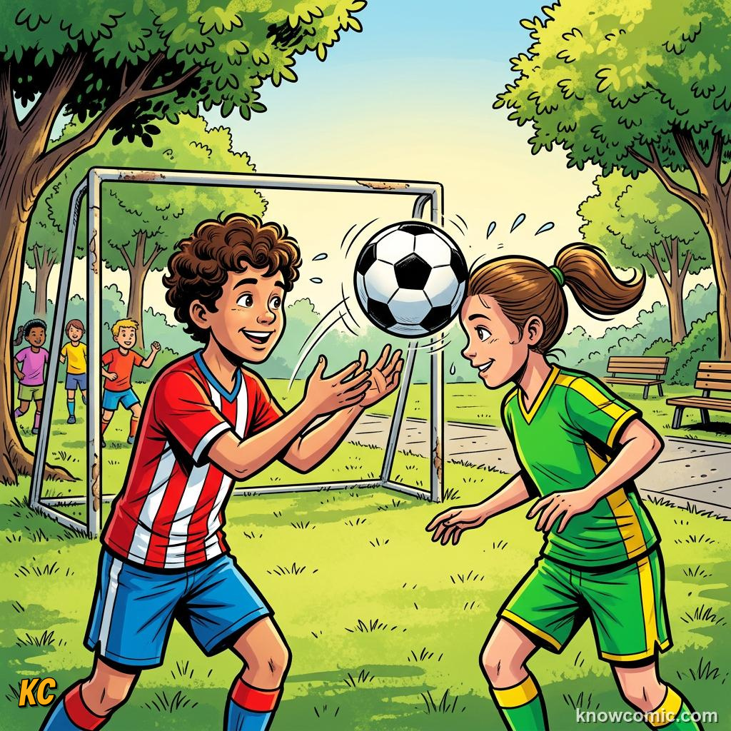 Comic panel labelled partner toss, illustrating heading the ball in KnowComic's World Cup 2026 series