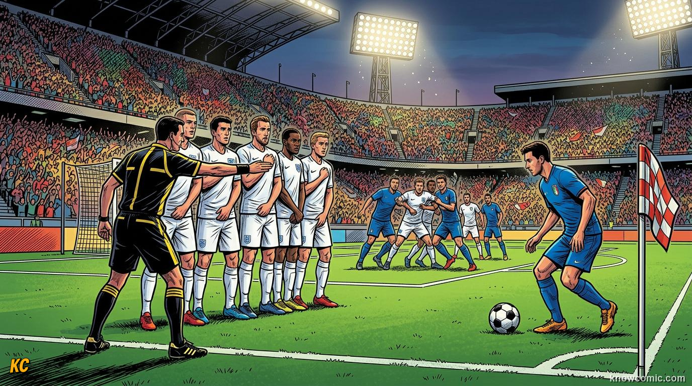 Comic panel titled what is a set piece, labelled dead ball, from the KnowComic World Cup 2026 lesson on corners & set pieces