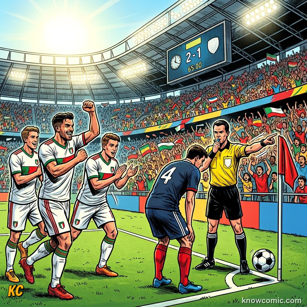 Comic panel titled whipping in the cross, labelled corner awarded, from the KnowComic World Cup 2026 lesson on corners & set pieces