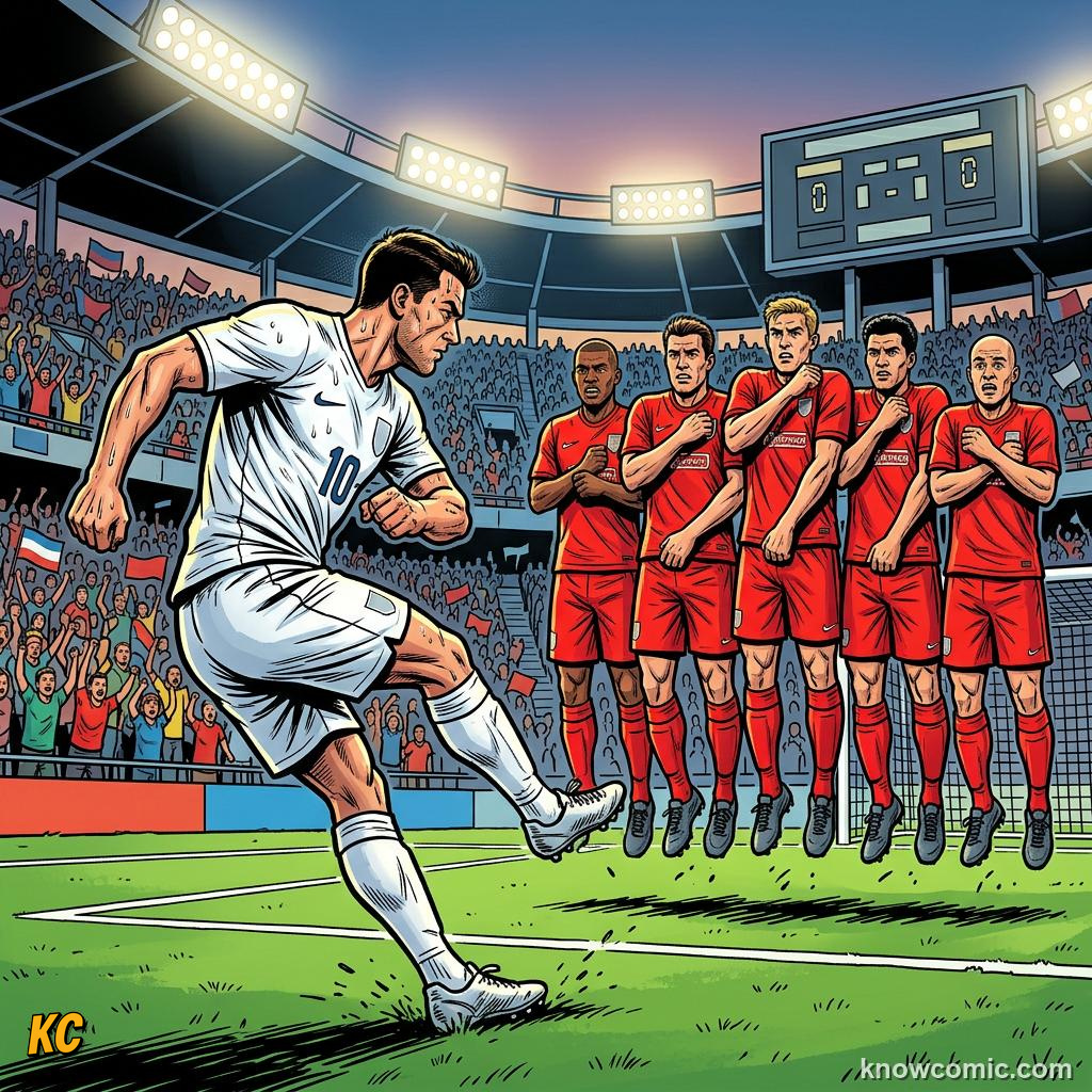 Comic panel titled whipping in the cross, labelled free kick, from the KnowComic World Cup 2026 lesson on corners & set pieces