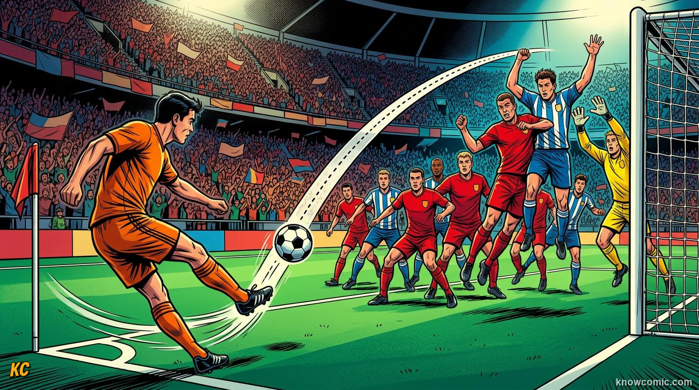 Comic panel titled whipping in the cross, labelled from the flag, from the KnowComic World Cup 2026 lesson on corners & set pieces