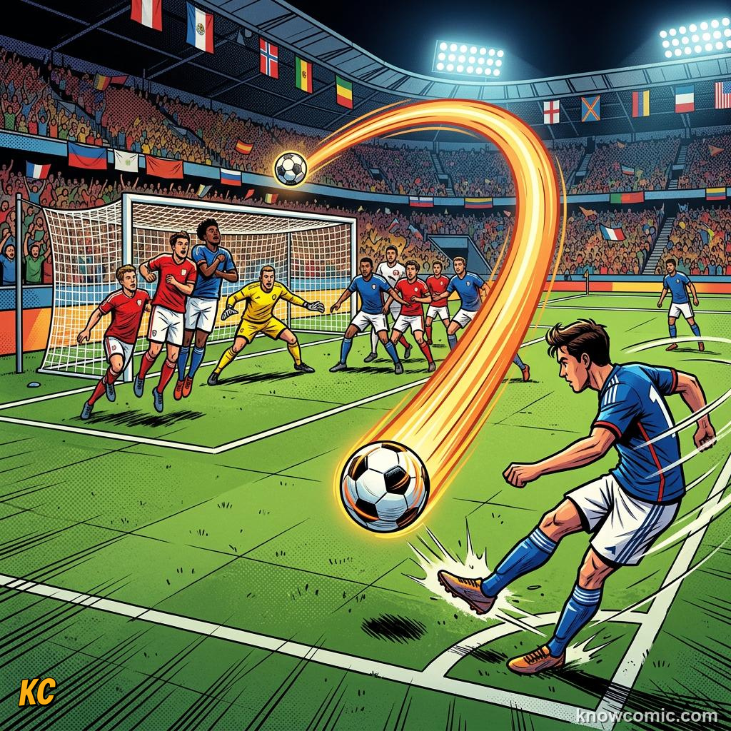 Comic panel titled routines like secret plays, labelled inswinger, from the KnowComic World Cup 2026 lesson on corners & set pieces