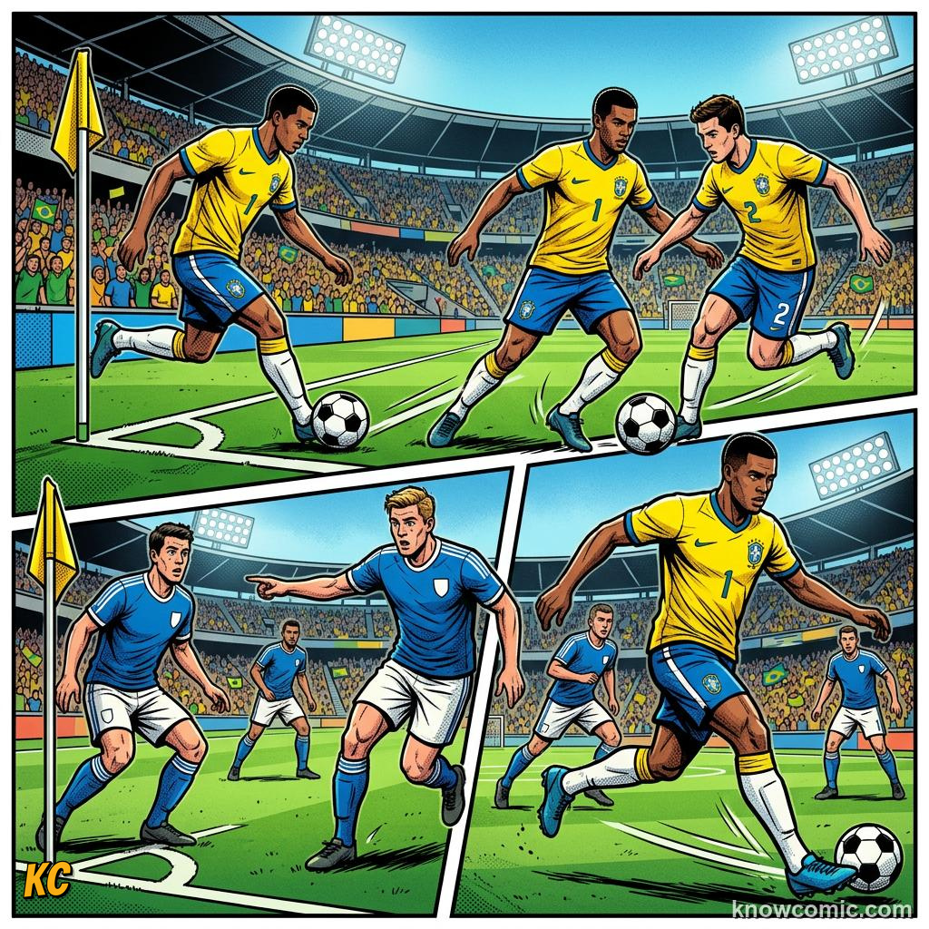 Comic panel titled routines like secret plays, labelled short corner, from the KnowComic World Cup 2026 lesson on corners & set pieces