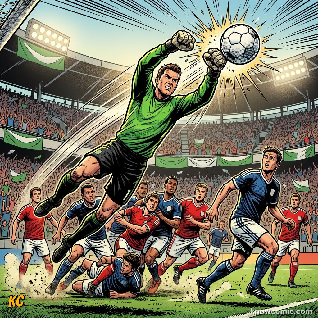 Comic panel titled routines like secret plays, labelled keeper punch, from the KnowComic World Cup 2026 lesson on corners & set pieces