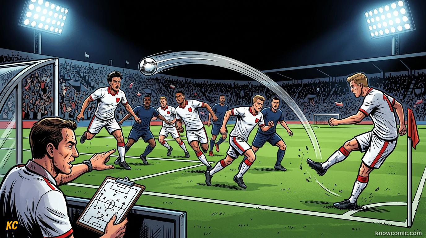 Comic panel titled routines like secret plays, labelled rehearsed plays, from the KnowComic World Cup 2026 lesson on corners & set pieces