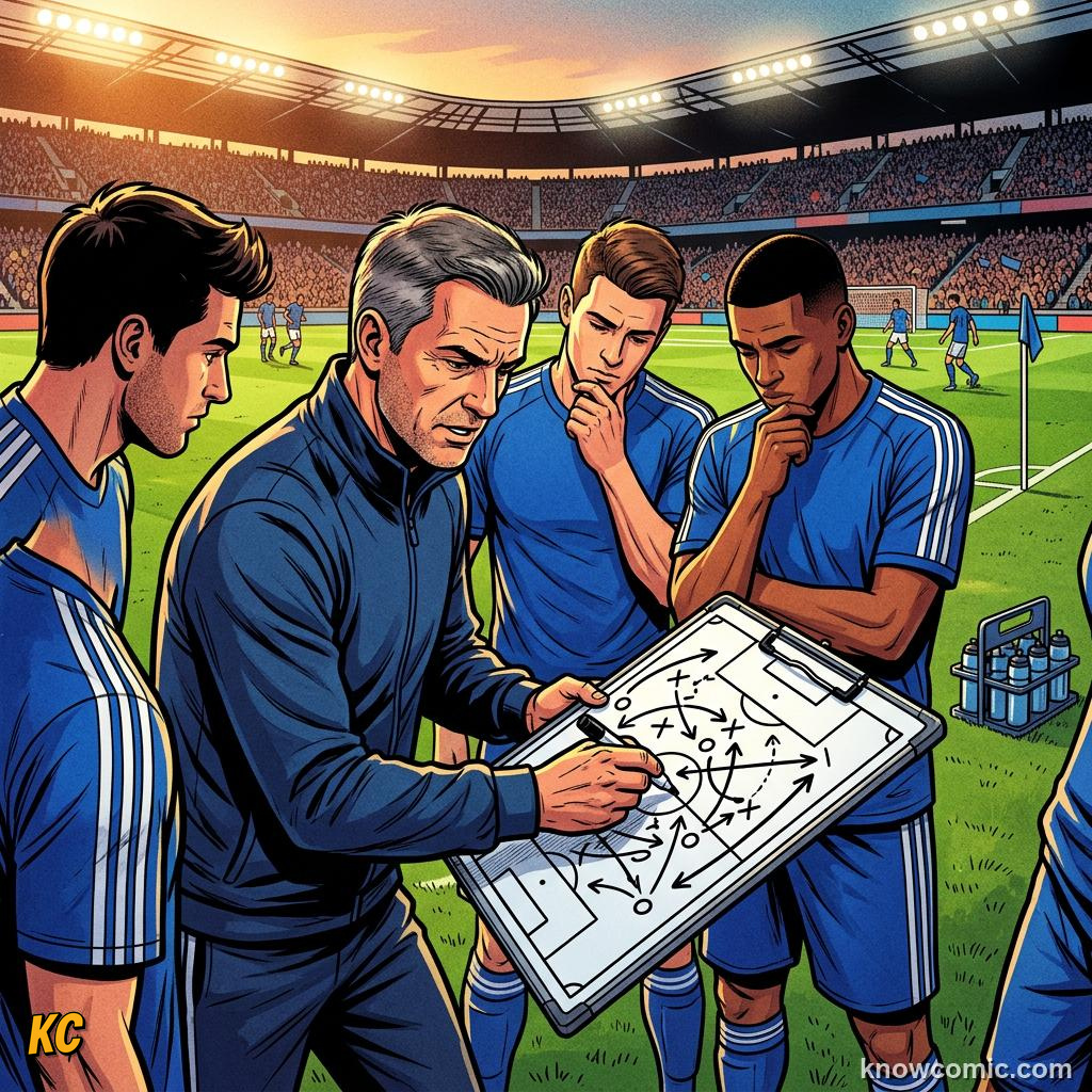 Comic panel titled routines like secret plays, labelled coach's plan, from the KnowComic World Cup 2026 lesson on corners & set pieces