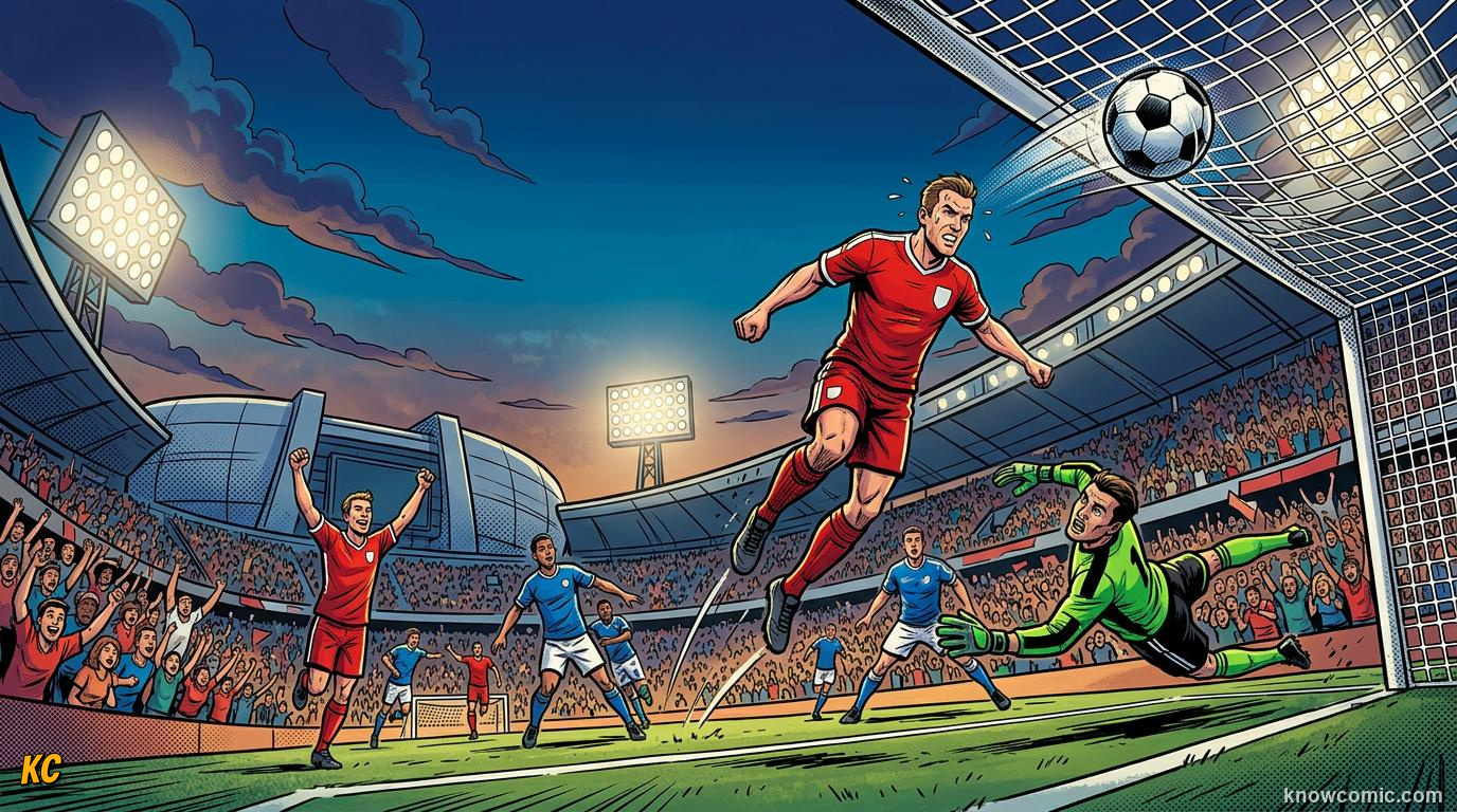 Comic panel titled why set piece headers are tough, labelled harder than it looks, from the KnowComic World Cup 2026 lesson on corners & set pieces