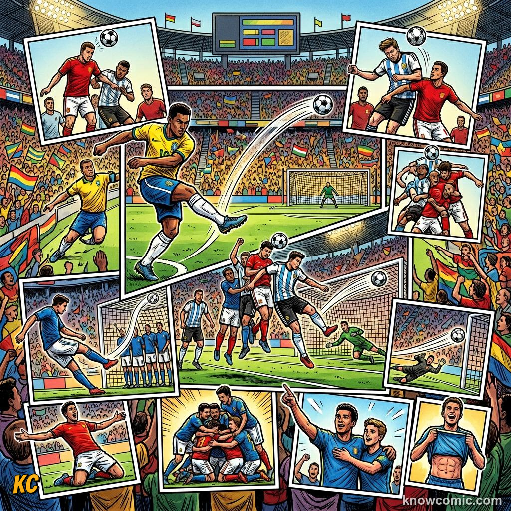 Comic panel titled how teams rehearse, labelled goal montage, from the KnowComic World Cup 2026 lesson on corners & set pieces