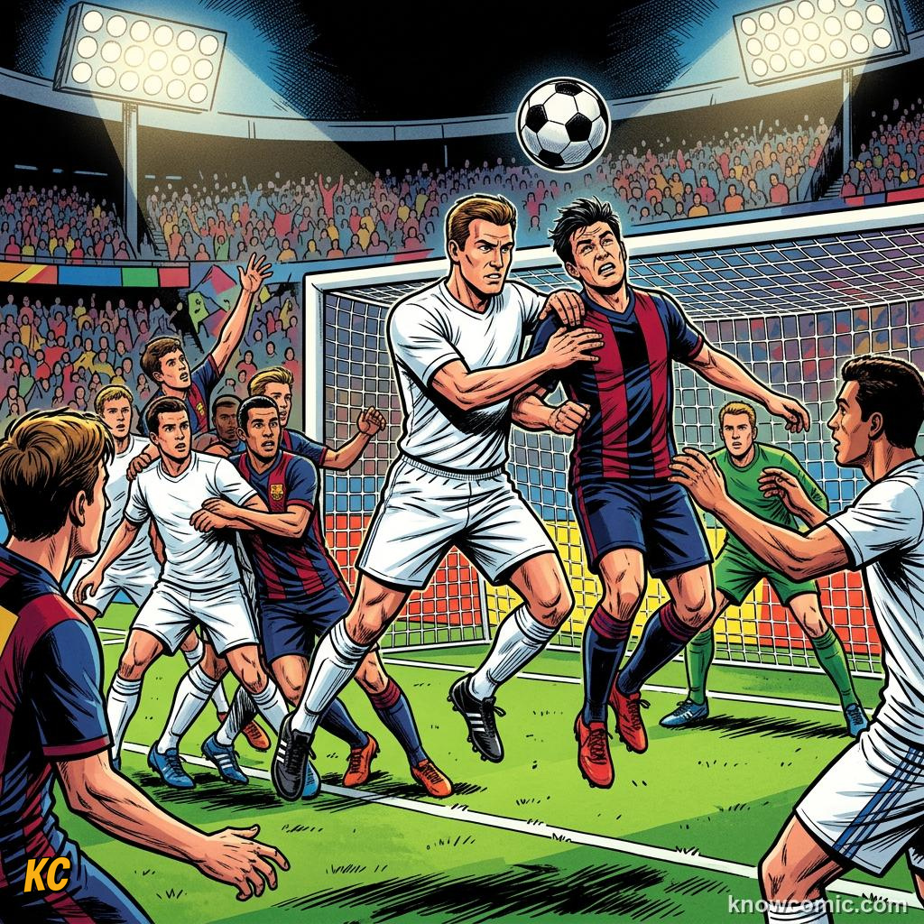 Comic panel titled how teams rehearse, labelled tight marking, from the KnowComic World Cup 2026 lesson on corners & set pieces