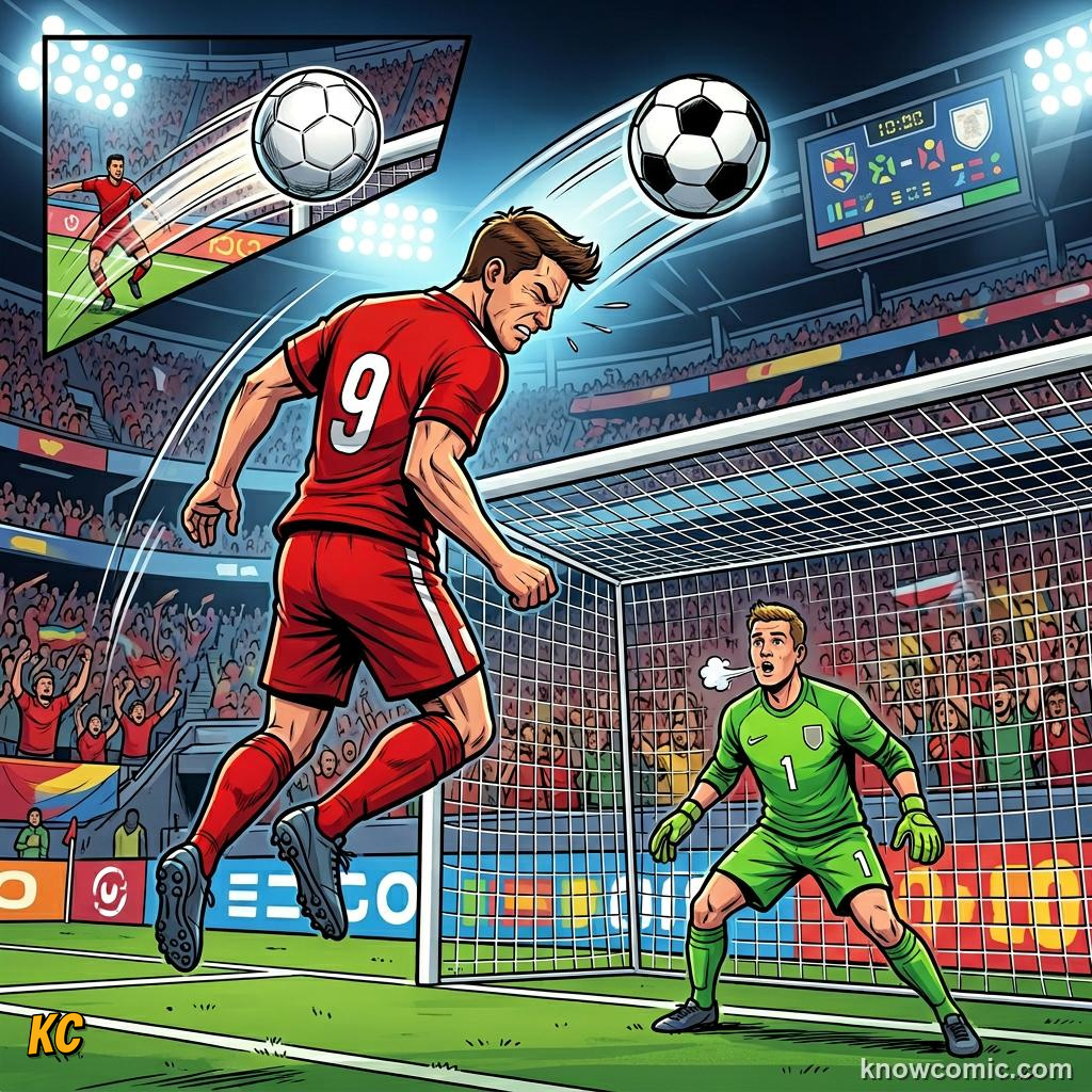Comic panel titled how teams rehearse, labelled near miss, from the KnowComic World Cup 2026 lesson on corners & set pieces