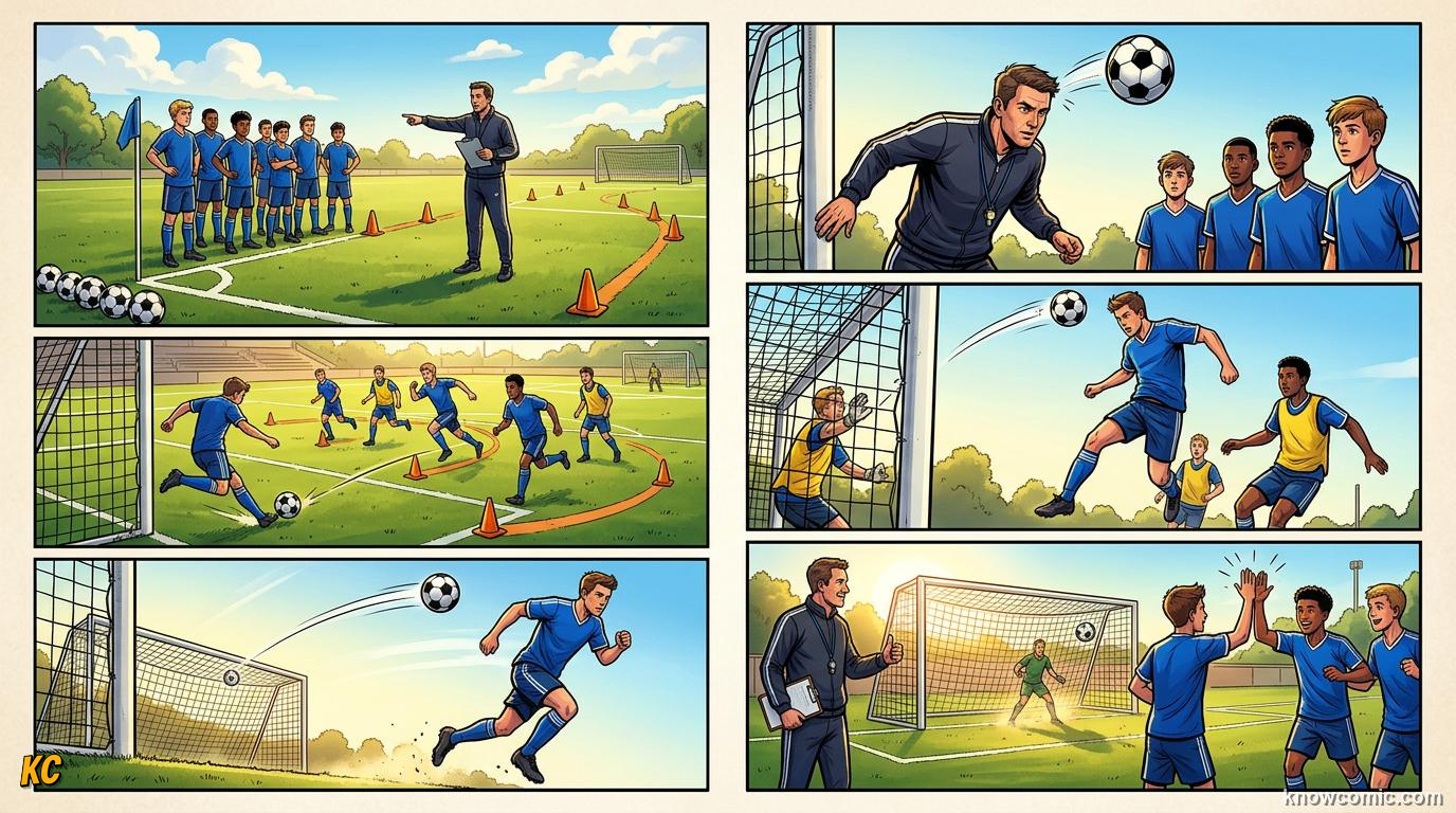 Comic panel titled how teams rehearse, labelled drill it, from the KnowComic World Cup 2026 lesson on corners & set pieces
