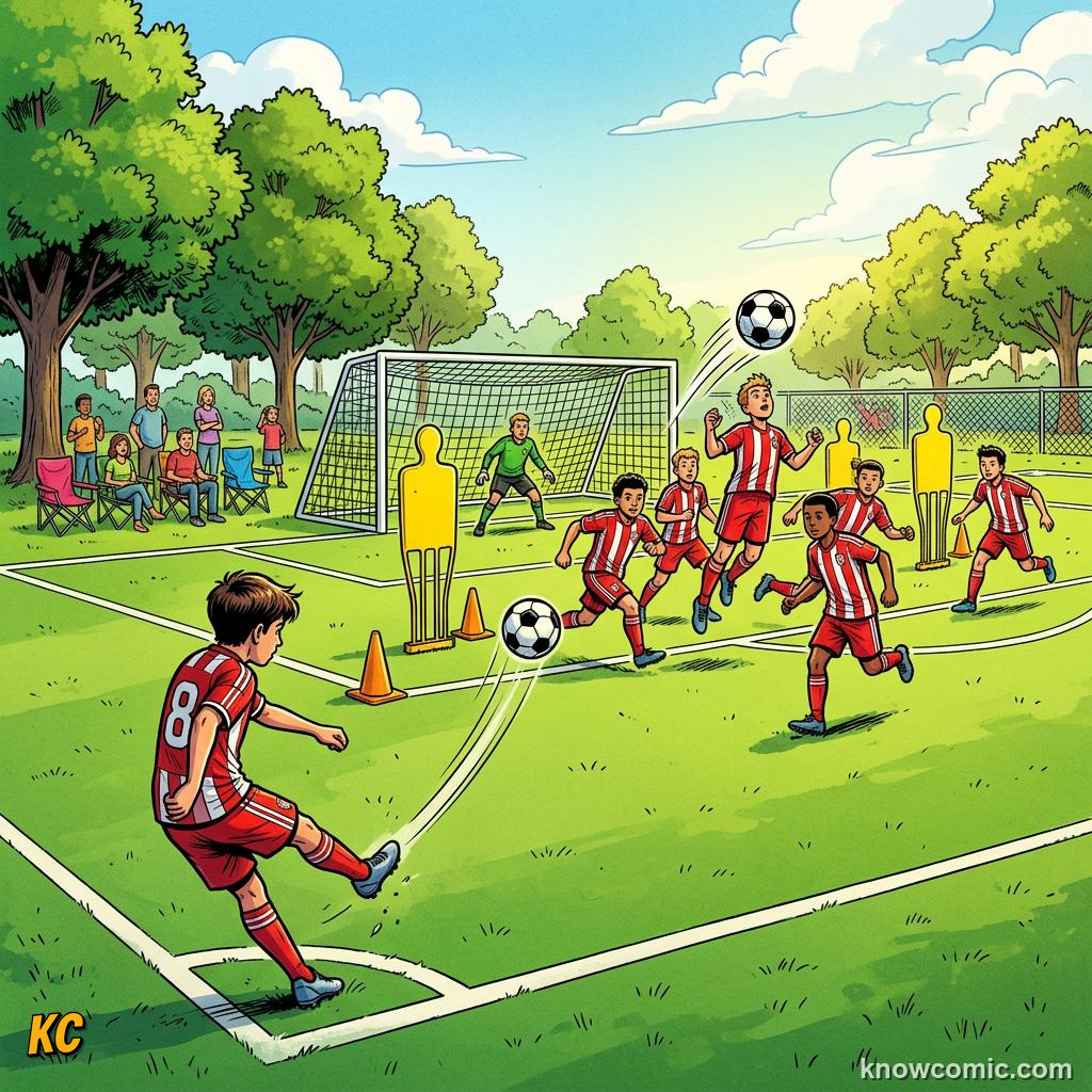 Comic panel labelled training day, illustrating corners & set pieces in KnowComic's World Cup 2026 series