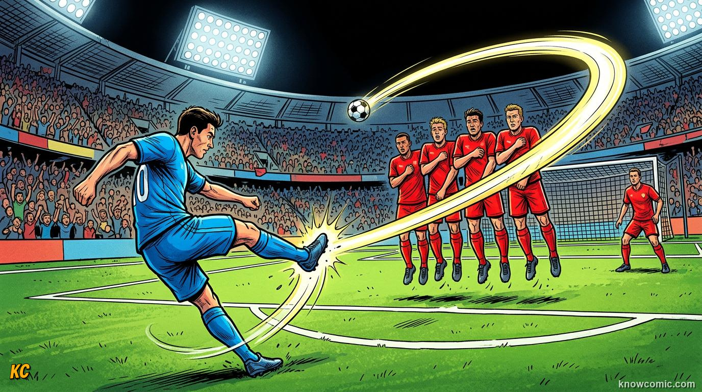 Comic panel titled what is a curling free kick, labelled bend it, from the KnowComic World Cup 2026 lesson on free kick curlers