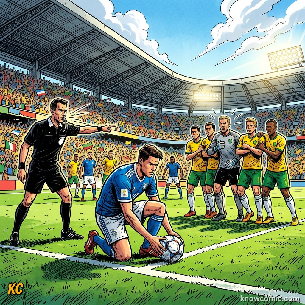 Comic panel titled the run-up and strike, labelled foul called, from the KnowComic World Cup 2026 lesson on free kick curlers