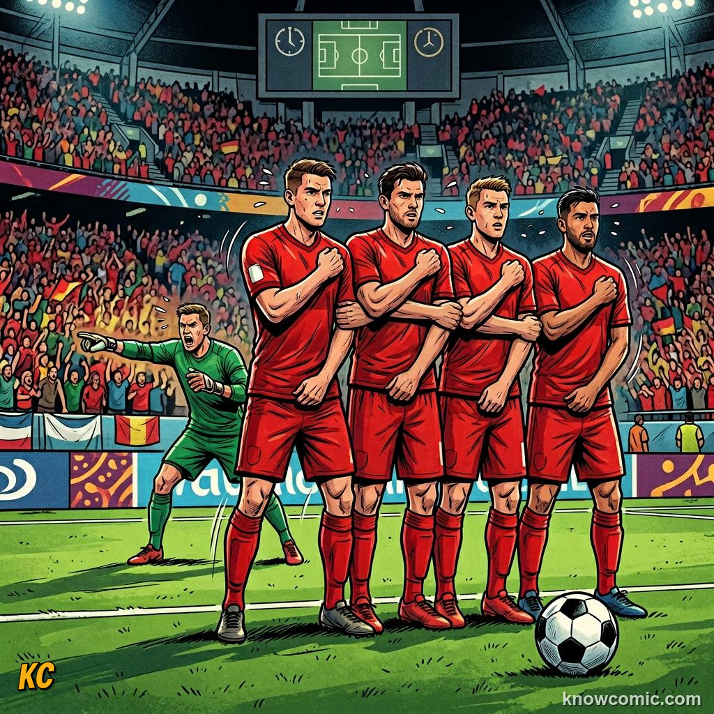 Comic panel titled the run-up and strike, labelled the wall, from the KnowComic World Cup 2026 lesson on free kick curlers