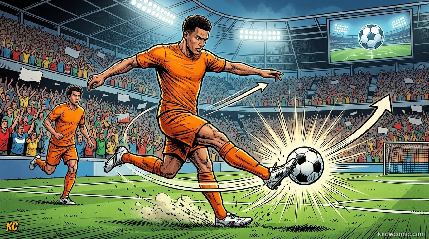 Comic panel titled the run-up and strike, labelled step and strike, from the KnowComic World Cup 2026 lesson on free kick curlers
