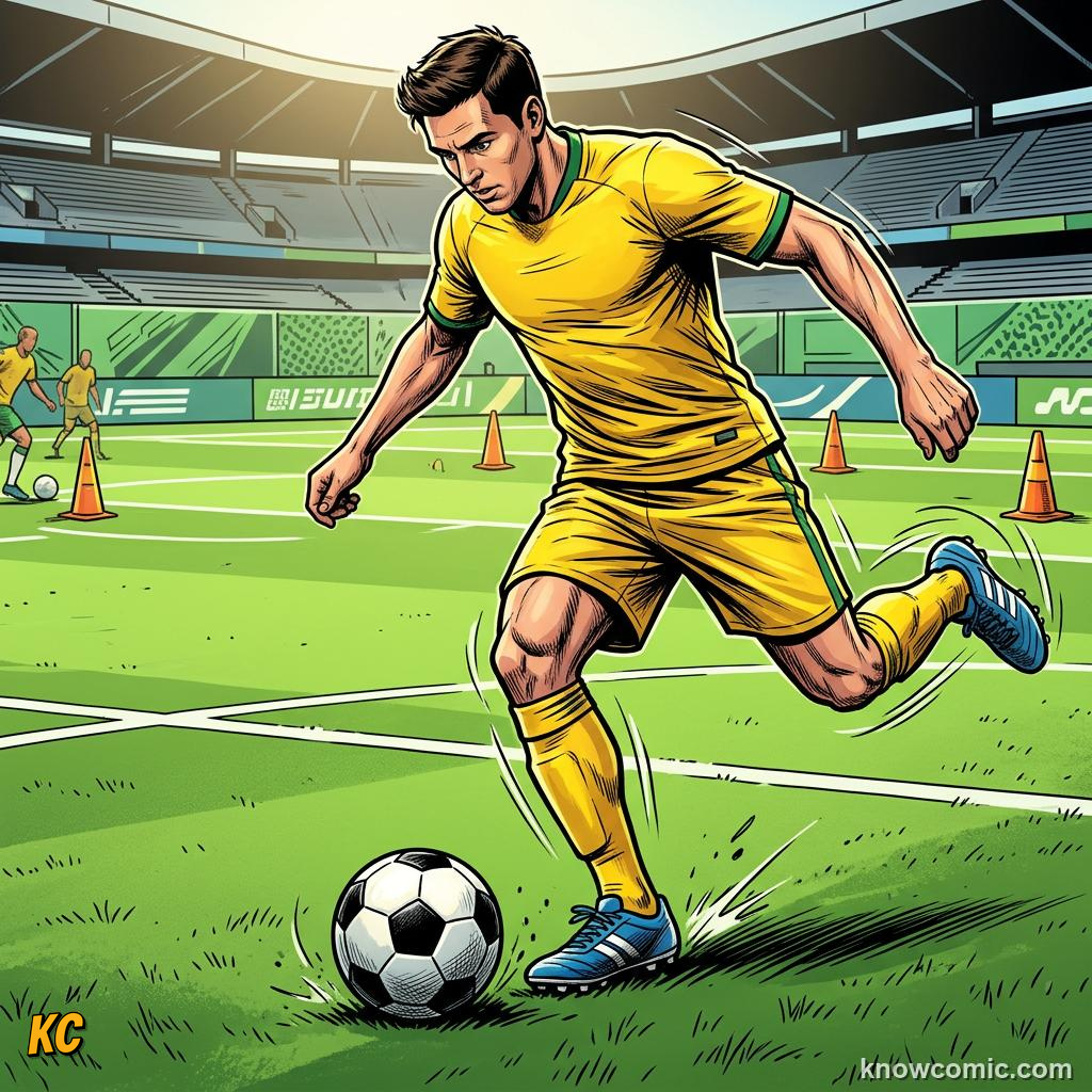 Comic panel titled spin makes the ball bend, labelled run up, from the KnowComic World Cup 2026 lesson on free kick curlers