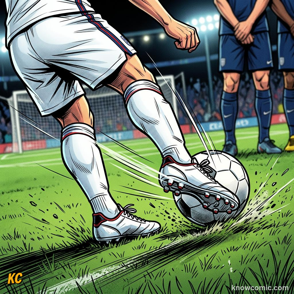 Comic panel titled spin makes the ball bend, labelled contact, from the KnowComic World Cup 2026 lesson on free kick curlers