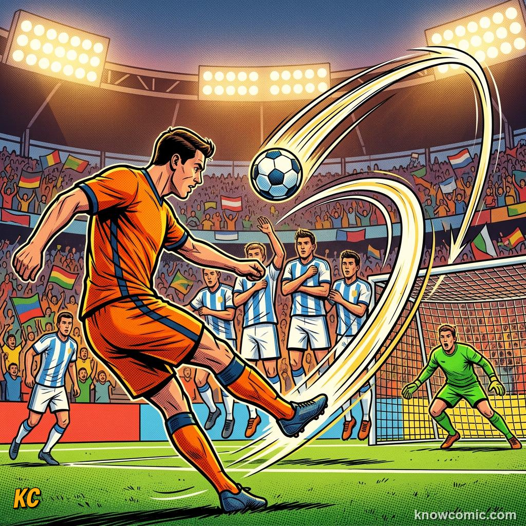 Comic panel titled spin makes the ball bend, labelled aim high, from the KnowComic World Cup 2026 lesson on free kick curlers