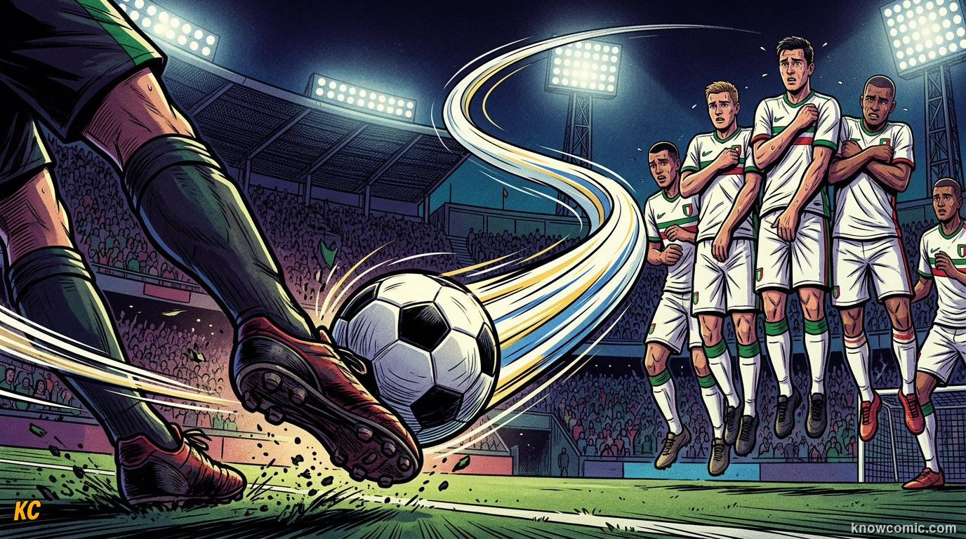 Comic panel titled spin makes the ball bend, labelled magnus effect, from the KnowComic World Cup 2026 lesson on free kick curlers