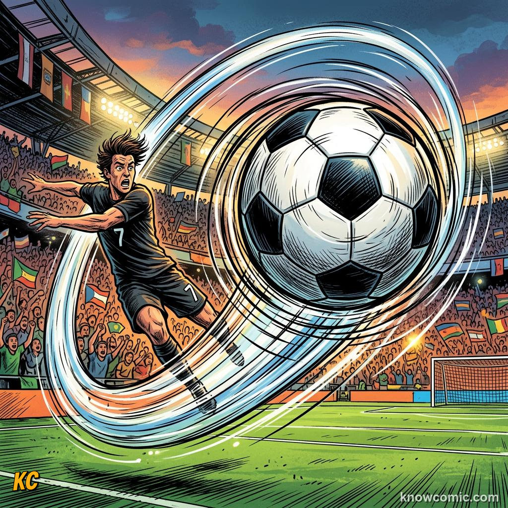 Comic panel titled spin makes the ball bend, labelled spin, from the KnowComic World Cup 2026 lesson on free kick curlers