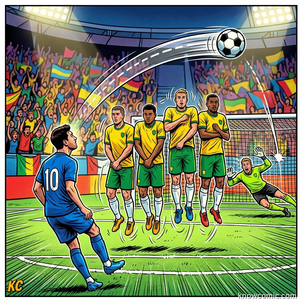 Comic panel titled spin makes the ball bend, labelled over the wall, from the KnowComic World Cup 2026 lesson on free kick curlers