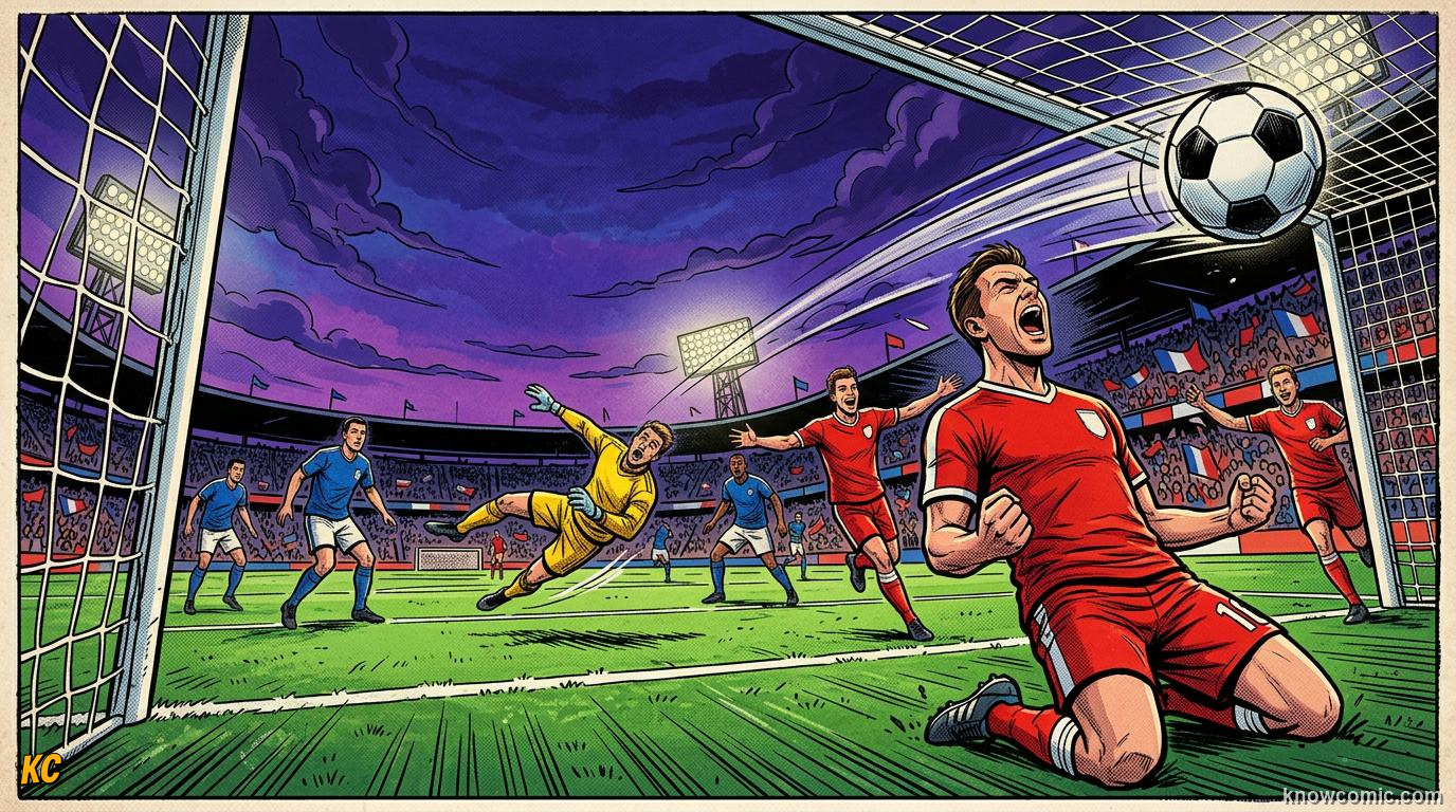 Comic panel titled one free kick can decide it all, labelled match winner, from the KnowComic World Cup 2026 lesson on free kick curlers