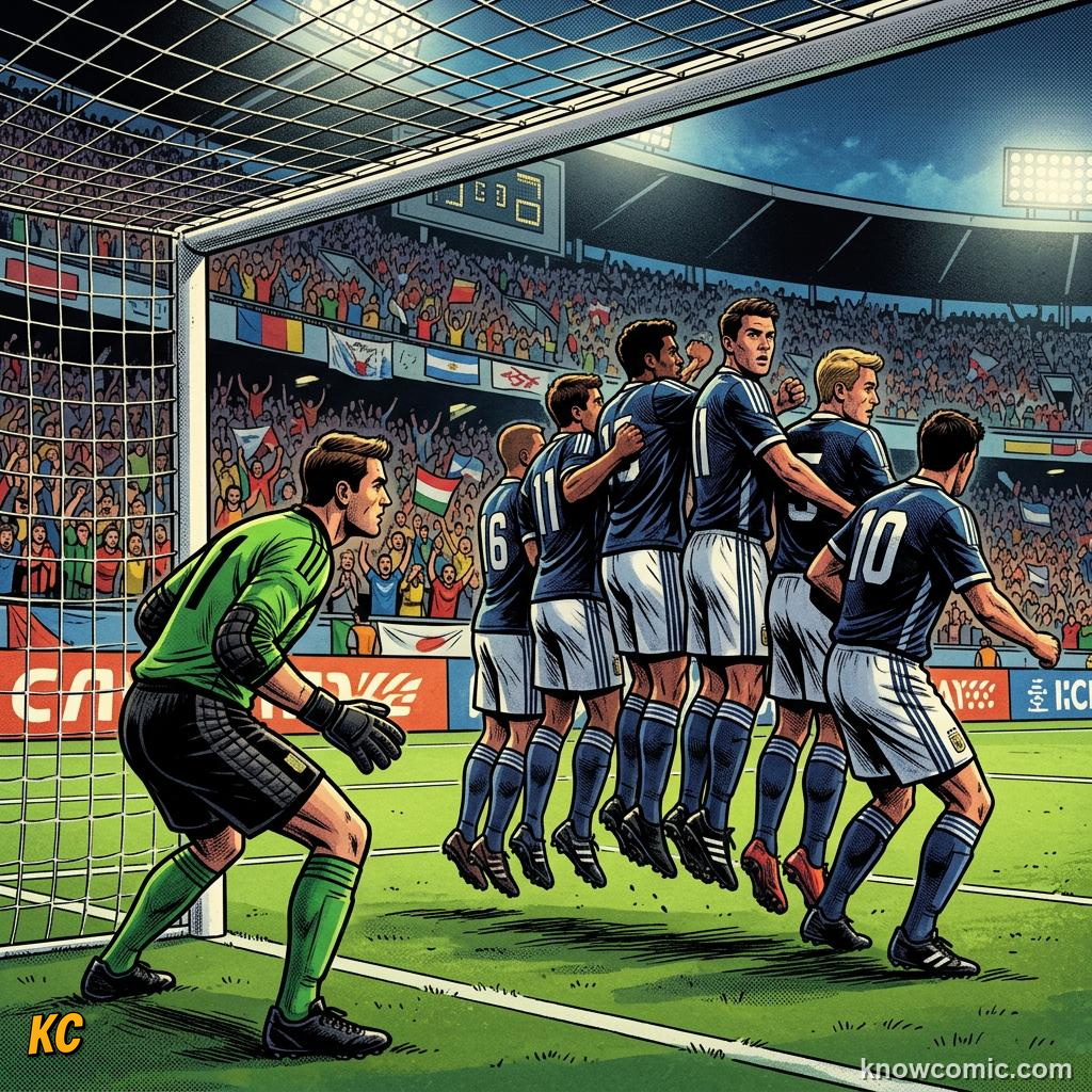 Comic panel titled how specialists practise, labelled keeper guess, from the KnowComic World Cup 2026 lesson on free kick curlers