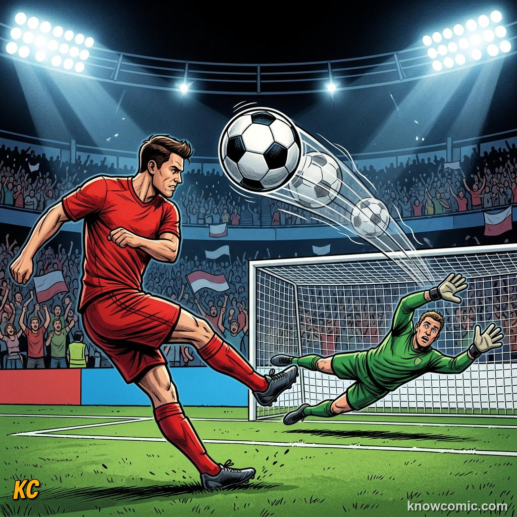 Comic panel titled how specialists practise, labelled knuckleball, from the KnowComic World Cup 2026 lesson on free kick curlers